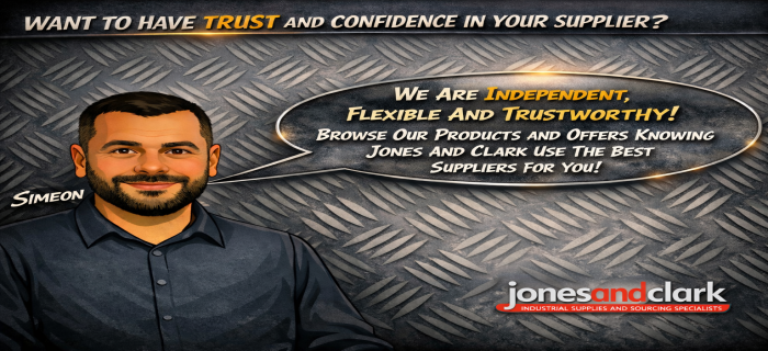 Illustration of Simeon from Jones and Clark with a speech bubble stating “We are independent, flexible and trustworthy”, set against an industrial metal background with the Jones and Clark logo in the bottom right.